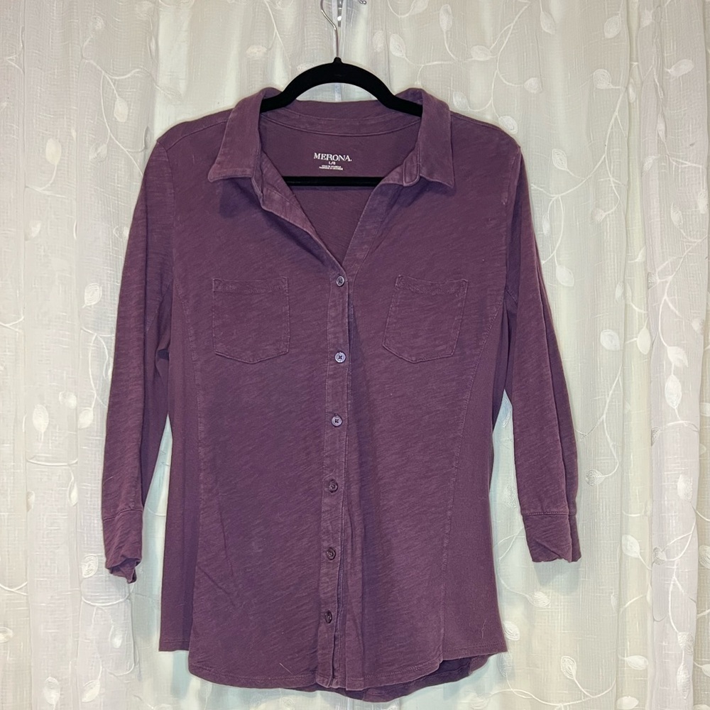 Merona 3/4 Sleeve Button Down, Purple, Size L (Jrs)